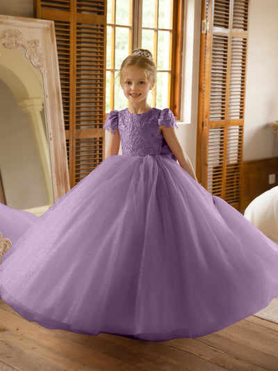 Crew Neck Tulle Flower Girl Dresses with Applique & Satin Bowknot