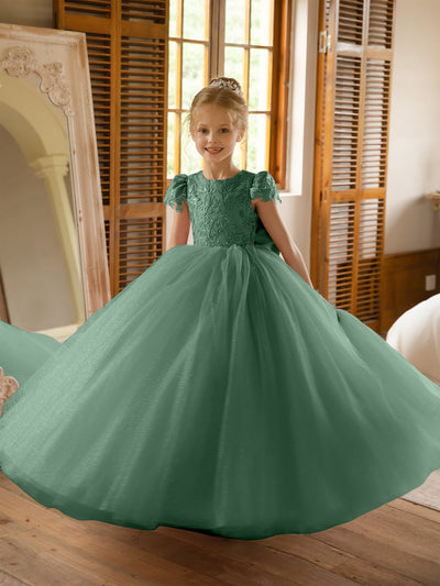 Crew Neck Tulle Flower Girl Dresses with Applique & Satin Bowknot