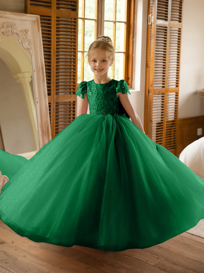 Crew Neck Tulle Flower Girl Dresses with Applique & Satin Bowknot