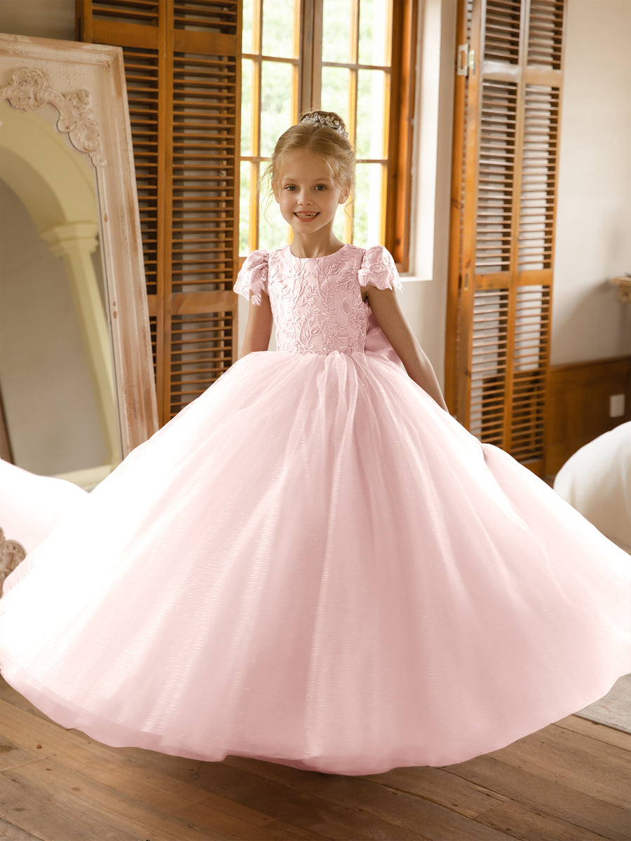 Crew Neck Tulle Flower Girl Dresses with Applique & Satin Bowknot