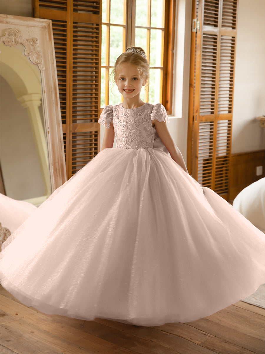 Crew Neck Tulle Flower Girl Dresses with Applique & Satin Bowknot