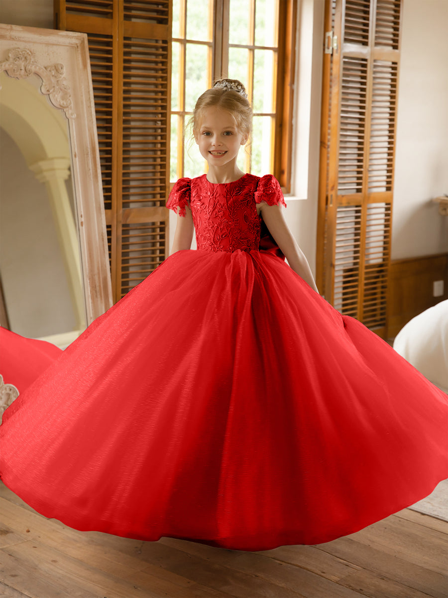 Crew Neck Tulle Flower Girl Dresses with Applique & Satin Bowknot