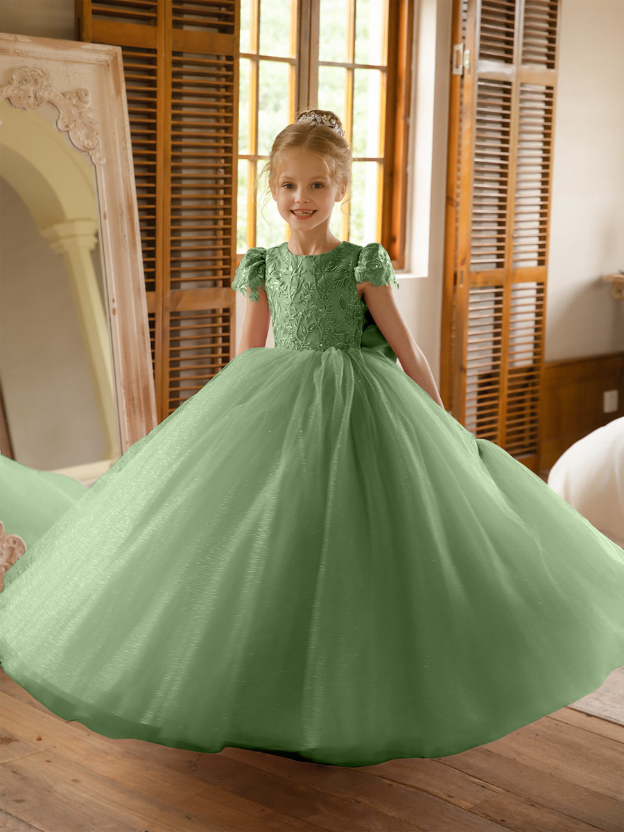 Crew Neck Tulle Flower Girl Dresses with Applique & Satin Bowknot