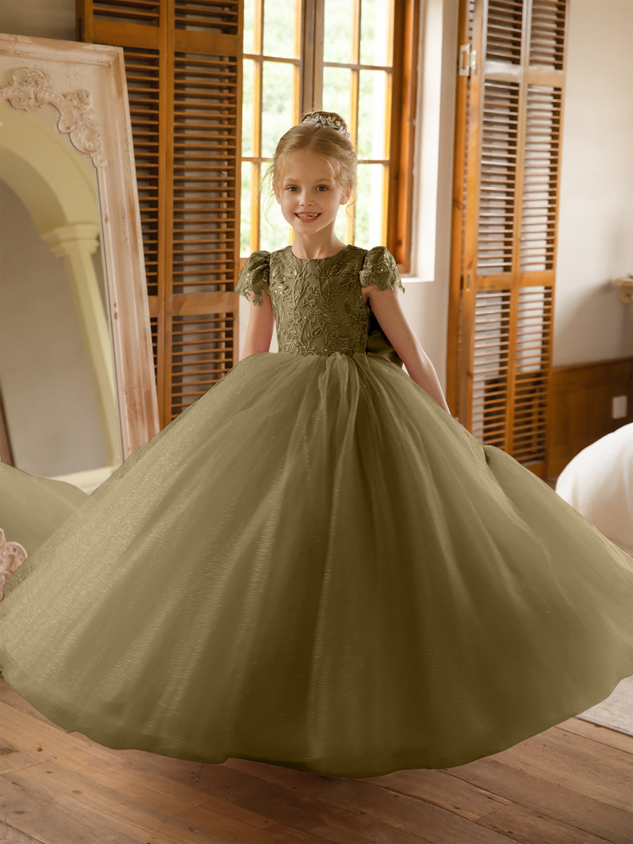 Crew Neck Tulle Flower Girl Dresses with Applique & Satin Bowknot