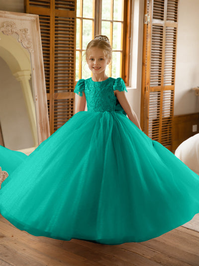 Crew Neck Tulle Flower Girl Dresses with Applique & Satin Bowknot