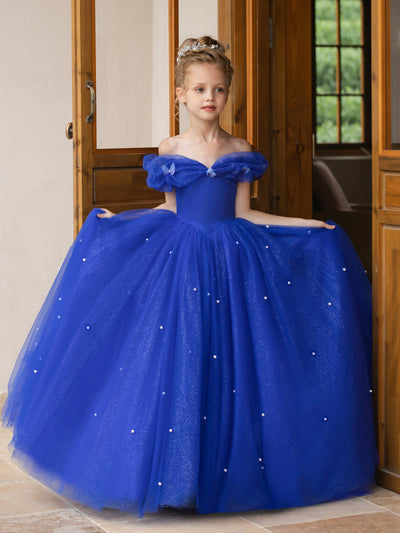 Off-the-Shoulder Tulle Flower Girl Dresses with Pearls