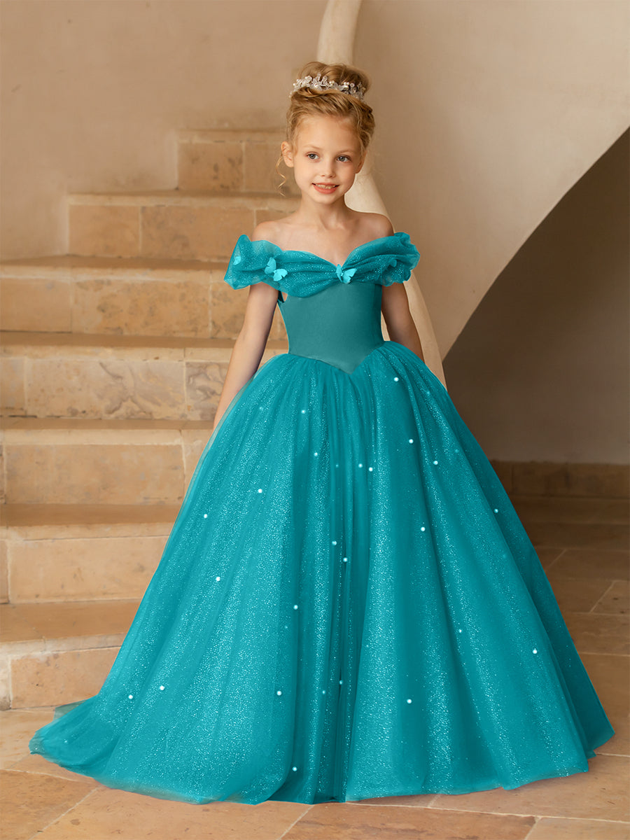 Off-the-Shoulder Tulle Flower Girl Dresses with Pearls