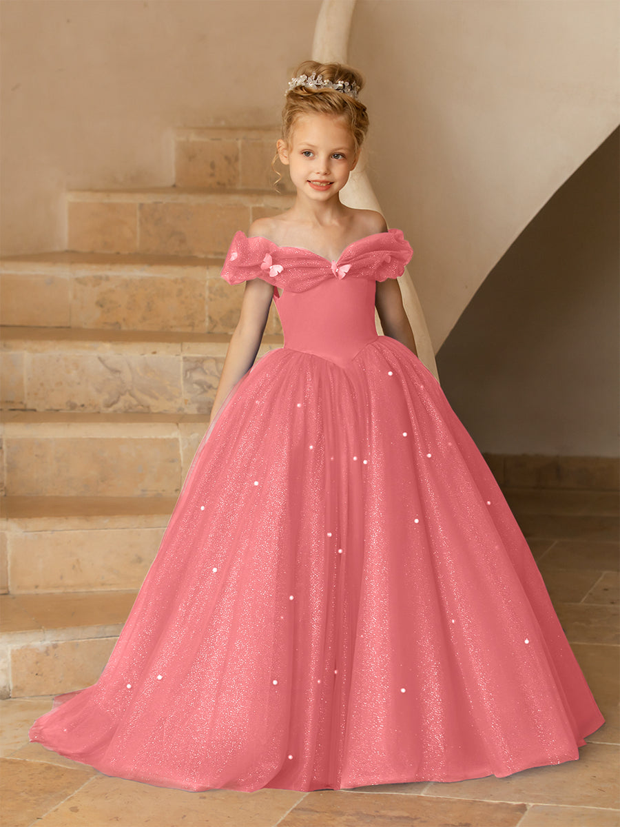 Off-the-Shoulder Tulle Flower Girl Dresses with Pearls