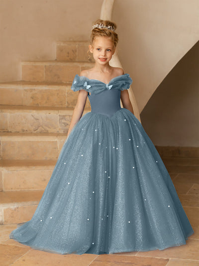 Off-the-Shoulder Tulle Flower Girl Dresses with Pearls