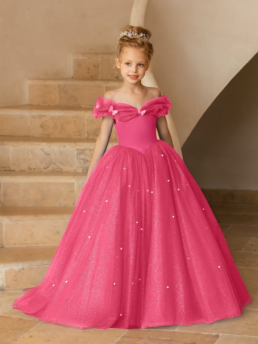 Off-the-Shoulder Tulle Flower Girl Dresses with Pearls