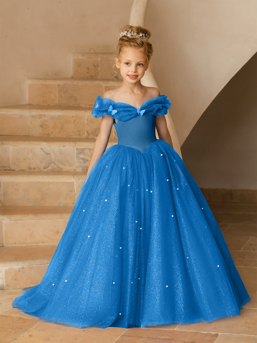 Off-the-Shoulder Tulle Flower Girl Dresses with Pearls