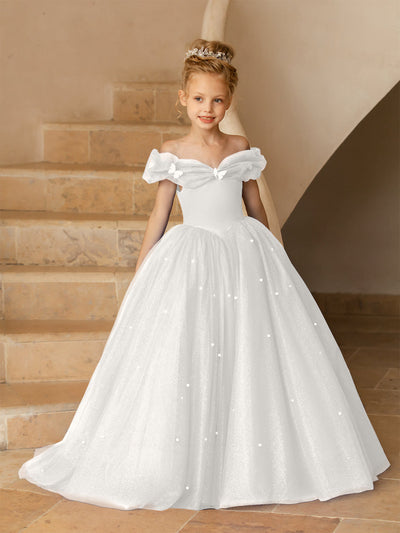 Off-the-Shoulder Tulle Flower Girl Dresses with Pearls