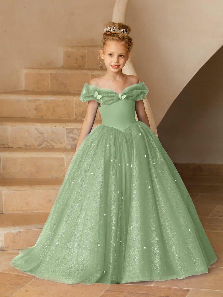 Off-the-Shoulder Tulle Flower Girl Dresses with Pearls