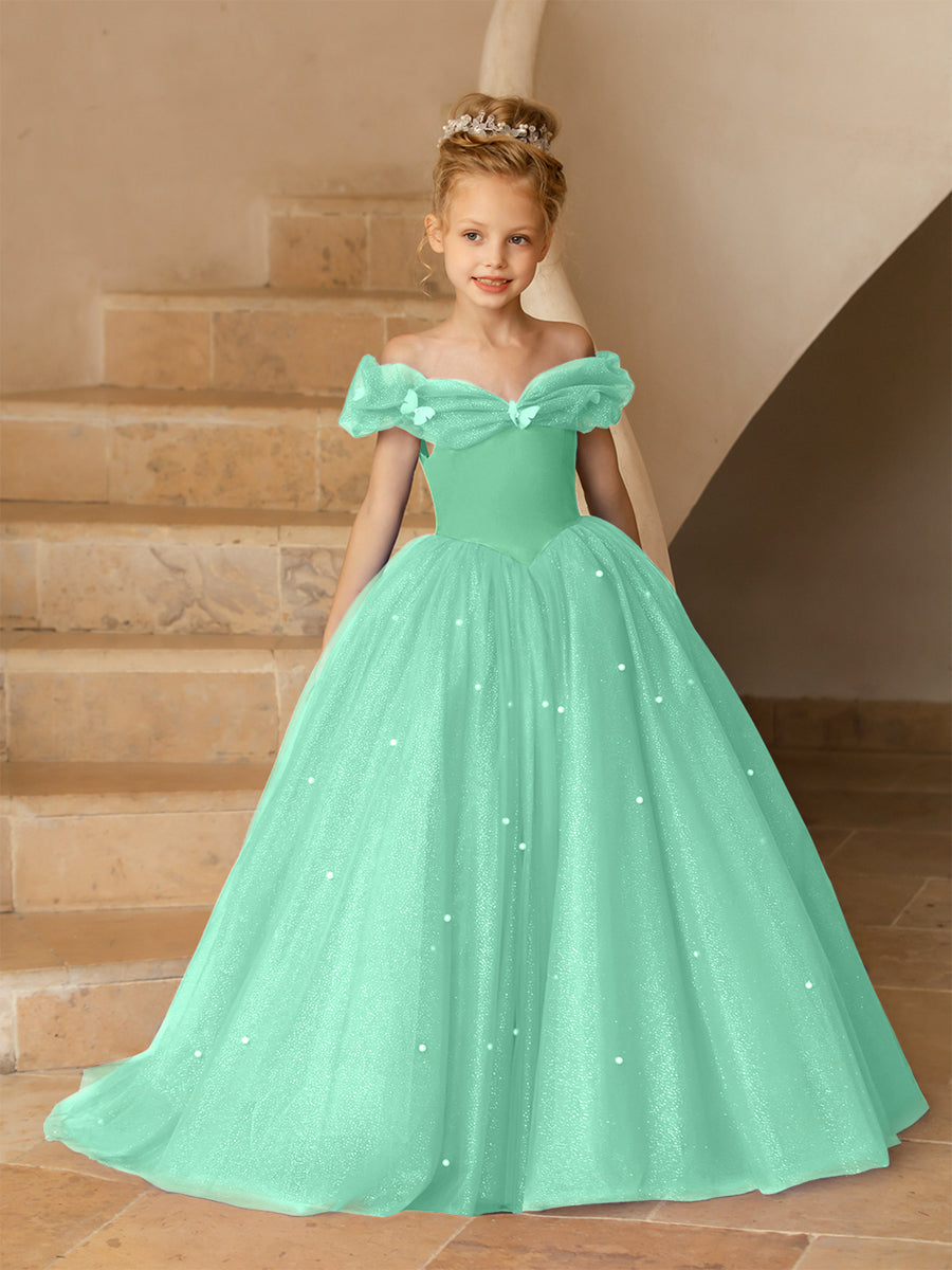 Off-the-Shoulder Tulle Flower Girl Dresses with Pearls