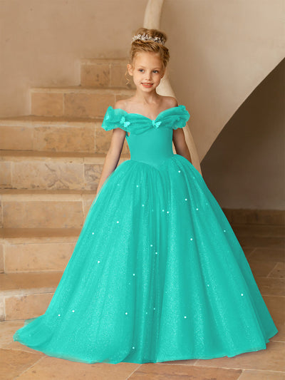 Off-the-Shoulder Tulle Flower Girl Dresses with Pearls