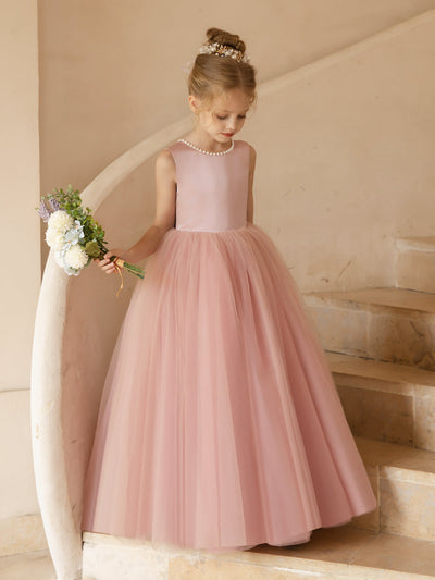 Crew Neck Tulle Flower Girl Dresses with Pearls & Satin Bowknot