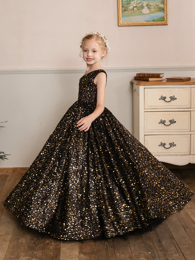 One-Shoulder Velvet Sequins Sleeveless Flower Girl Dresses