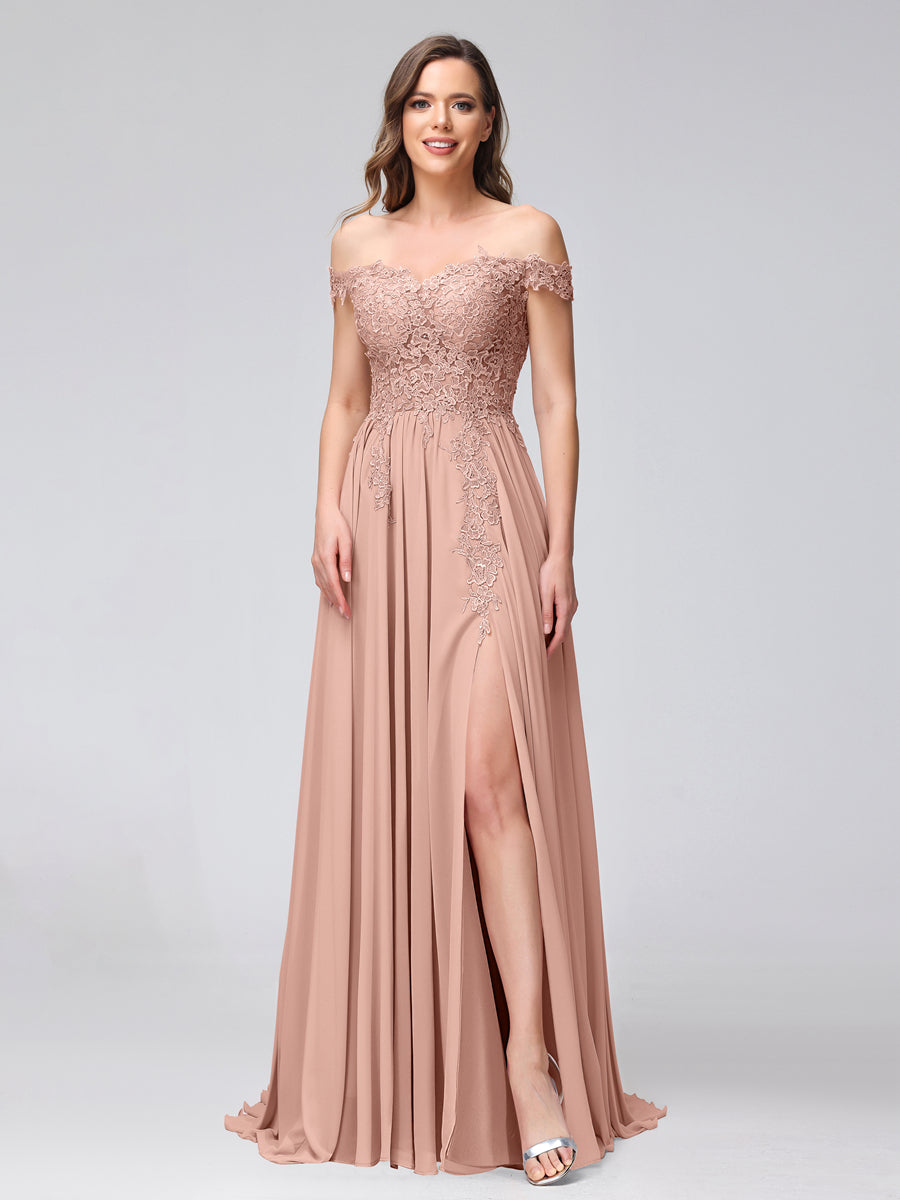 A-Line Off-the-Shoulder Sleeveless Appliqued Chiffon Long Bridesmaid Dresses with Side Slit