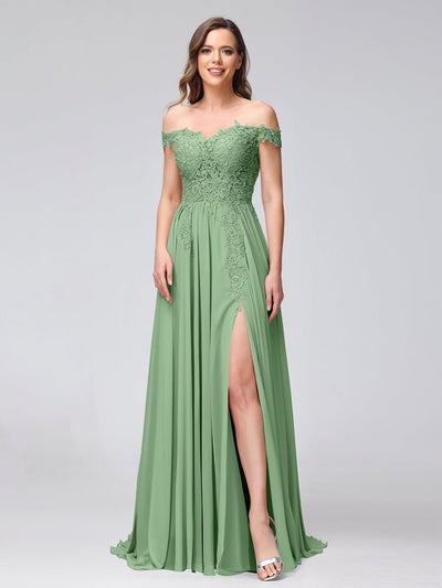 A-Line Off-the-Shoulder Sleeveless Appliqued Chiffon Long Bridesmaid Dresses with Side Slit