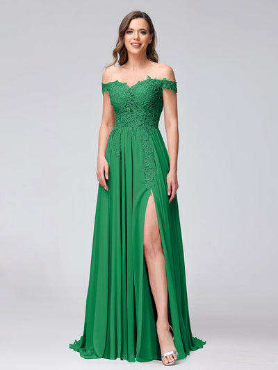 A-Line Off-the-Shoulder Sleeveless Appliqued Chiffon Long Bridesmaid Dresses with Side Slit