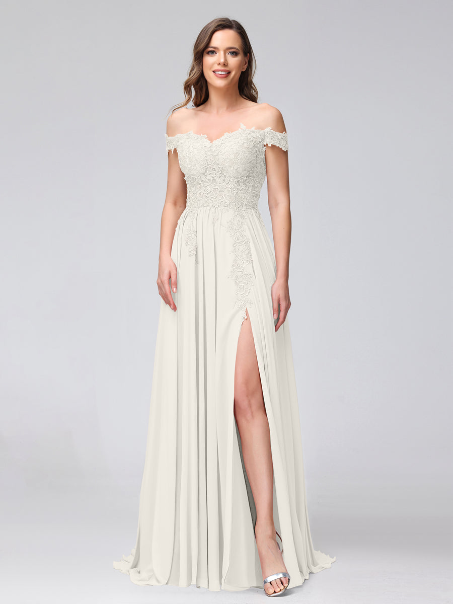 A Line Off the Shoulder Sleeveless Appliqued Chiffon Long