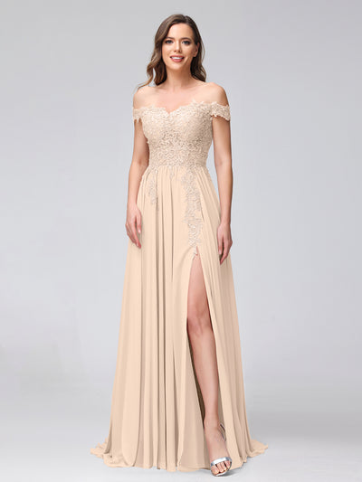 A-Line Off-the-Shoulder Sleeveless Appliqued Chiffon Long Bridesmaid Dresses with Side Slit