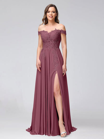 A-Line Off-the-Shoulder Sleeveless Appliqued Chiffon Long Bridesmaid Dresses with Side Slit