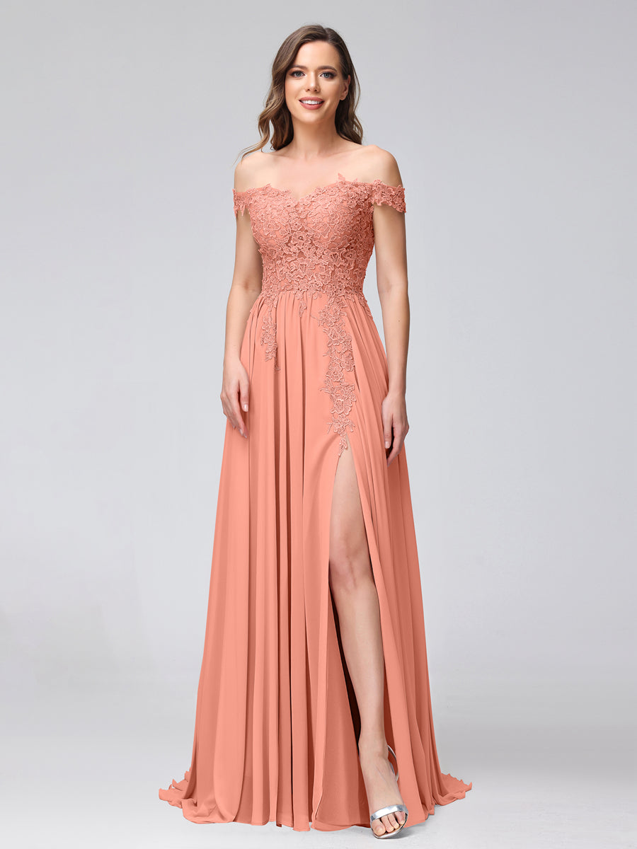 A-Line Off-the-Shoulder Sleeveless Appliqued Chiffon Long Bridesmaid Dresses with Side Slit