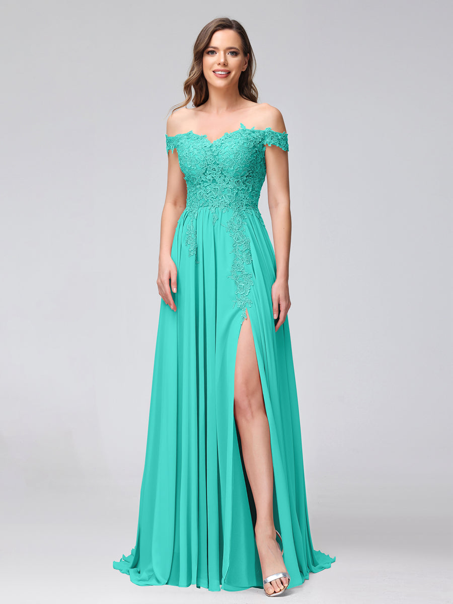 A-Line Off-the-Shoulder Sleeveless Appliqued Chiffon Long Bridesmaid Dresses with Side Slit