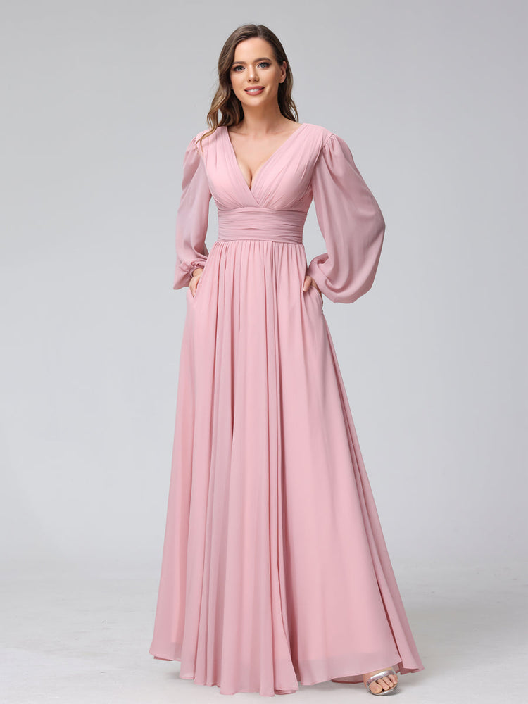 A Line V Neck Long Sleeves Long Chiffon Bridesmaid Dresses With