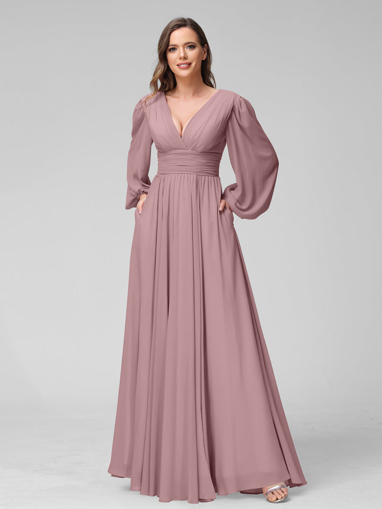 A Line V Neck Long Sleeves Long Chiffon Bridesmaid Dresses With Split Side Pockets