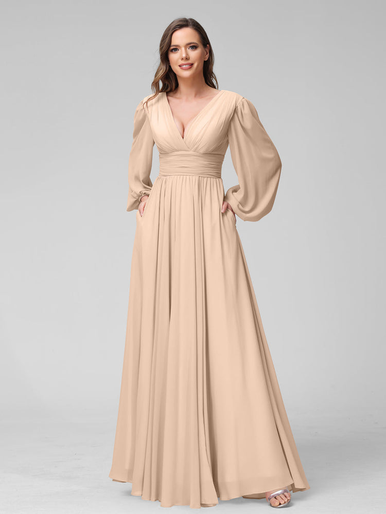 A Line V Neck Long Sleeves Long Chiffon Bridesmaid Dresses With