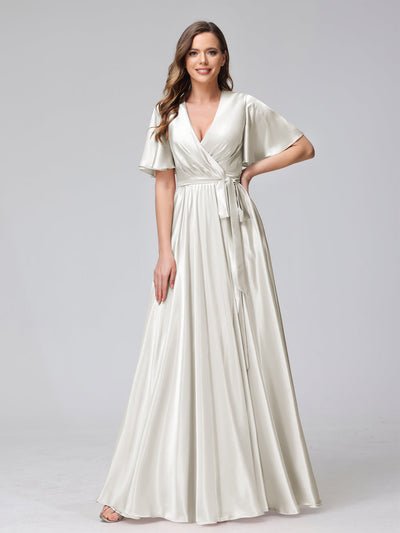 A-Line V-Neck Half Sleeves Long Silk Satin Bridesmaid Dresses With Ruffles Split Side