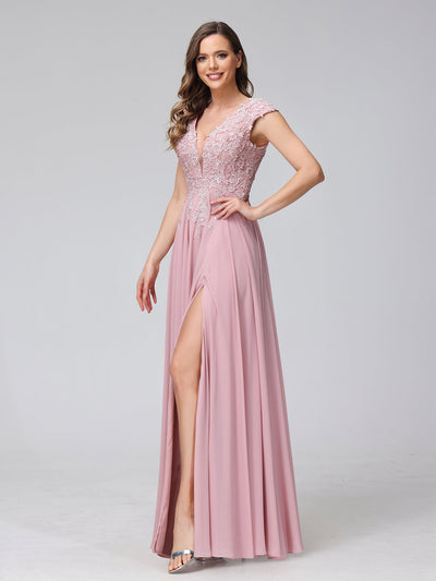 A-Line V-Neck Sleeveless Chiffon Long Bridesmaid Dresses With Applique Split Side