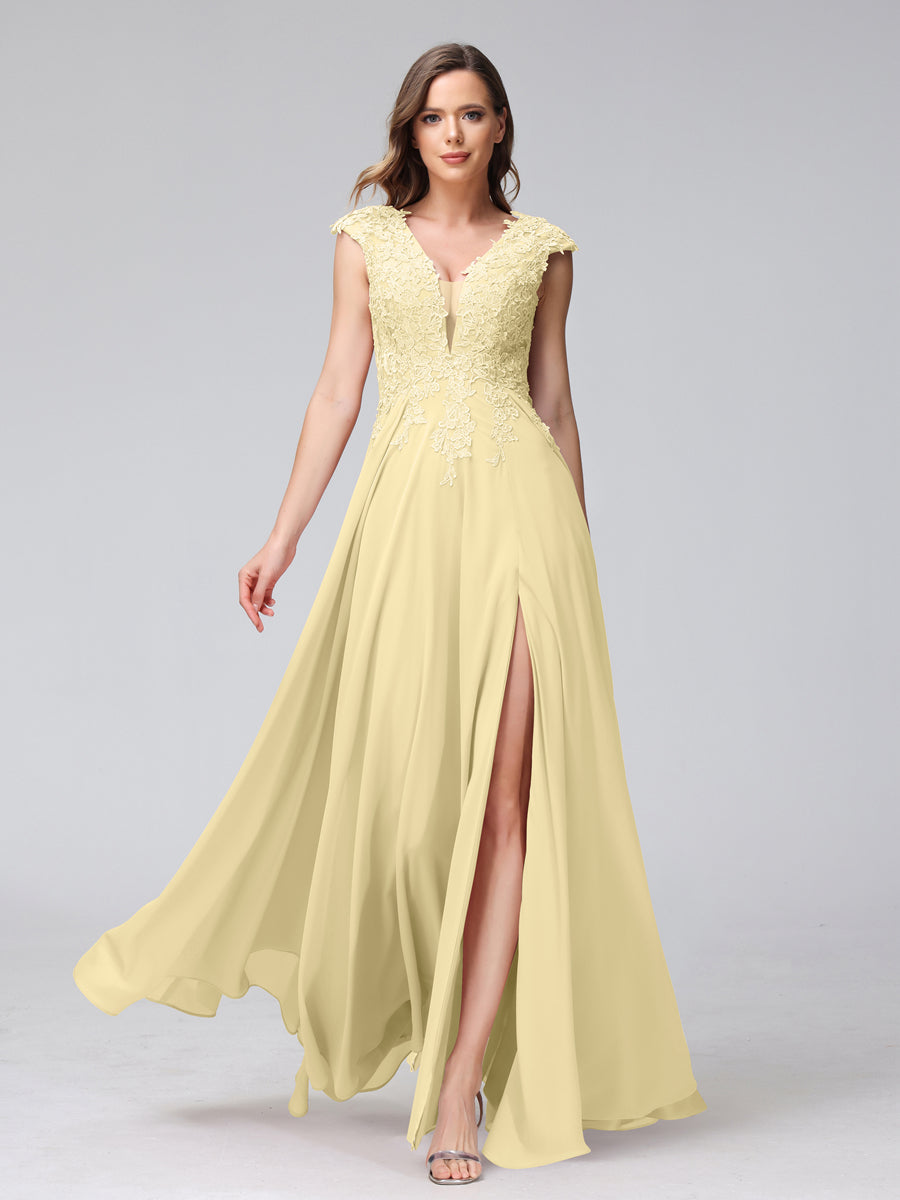 A-Line V-Neck Sleeveless Chiffon Long Bridesmaid Dresses With Applique Split Side