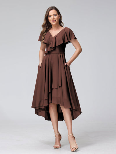 A-Line V-Neck Short Sleeves Asymmetrical Chiffon Bridesmaid Dresses With Pockets