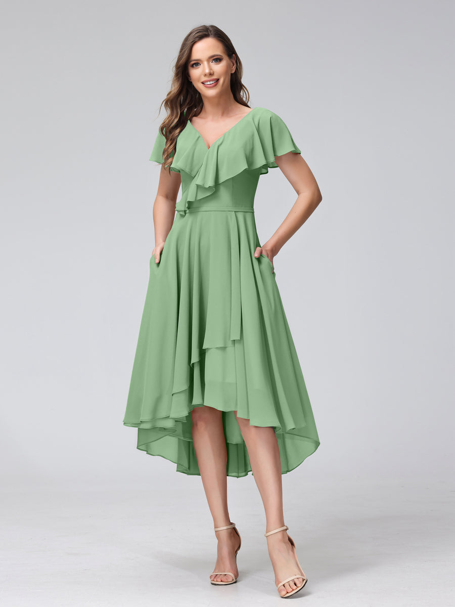 A-Line V-Neck Short Sleeves Asymmetrical Chiffon Bridesmaid Dresses With Pockets