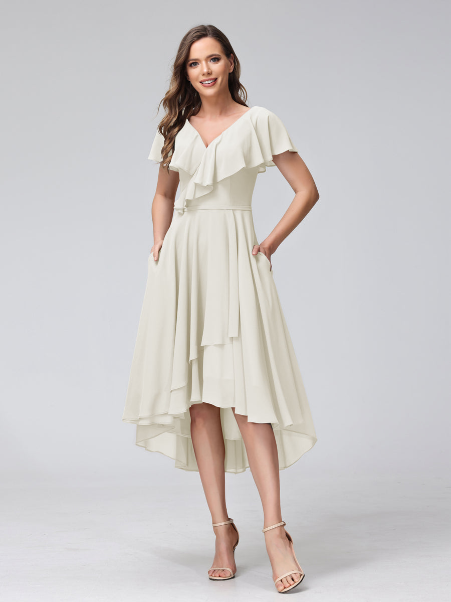 A-Line V-Neck Short Sleeves Asymmetrical Chiffon Bridesmaid Dresses With Pockets