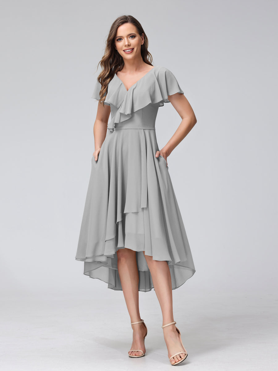 A-Line V-Neck Short Sleeves Asymmetrical Chiffon Bridesmaid Dresses With Pockets