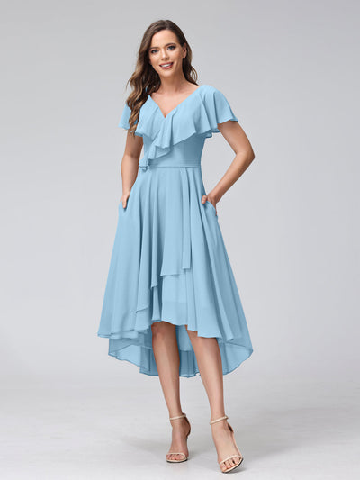 A-Line V-Neck Short Sleeves Asymmetrical Chiffon Bridesmaid Dresses With Pockets