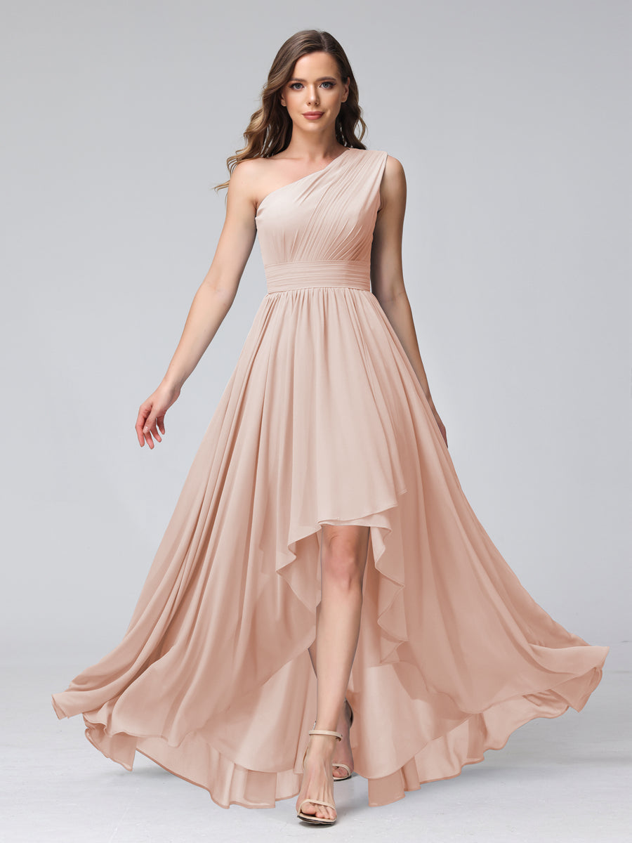 A-Line One-Shoulder Sleeveless Chiffon High Low Bridesmaid Dresses with Pockets