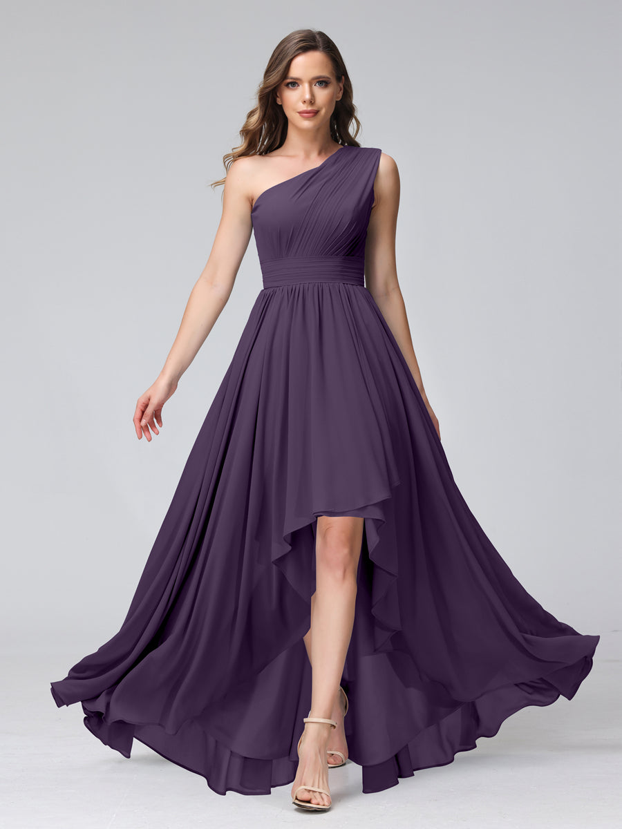 A-Line One-Shoulder Sleeveless Chiffon High Low Bridesmaid Dresses with Pockets