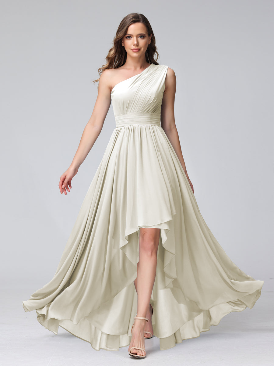 A-Line One-Shoulder Sleeveless Chiffon High Low Bridesmaid Dresses with Pockets