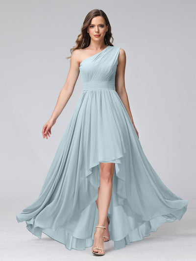 A-Line One-Shoulder Sleeveless Chiffon High Low Bridesmaid Dresses with Pockets