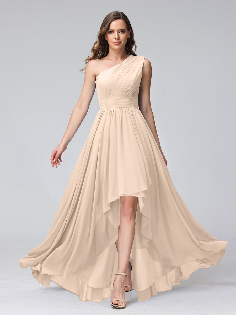 A-Line One-Shoulder Sleeveless Chiffon High Low Bridesmaid Dresses with Pockets