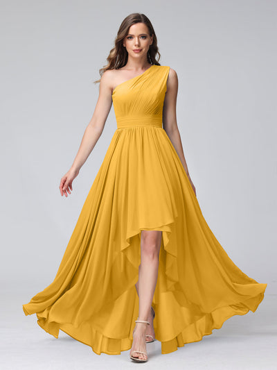 A-Line One-Shoulder Sleeveless Chiffon High Low Bridesmaid Dresses with Pockets