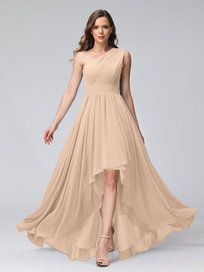 A-Line One-Shoulder Sleeveless Chiffon High Low Bridesmaid Dresses with Pockets