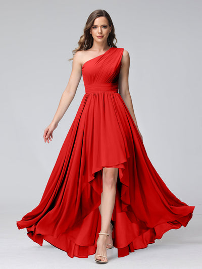 A-Line One-Shoulder Sleeveless Chiffon High Low Bridesmaid Dresses with Pockets