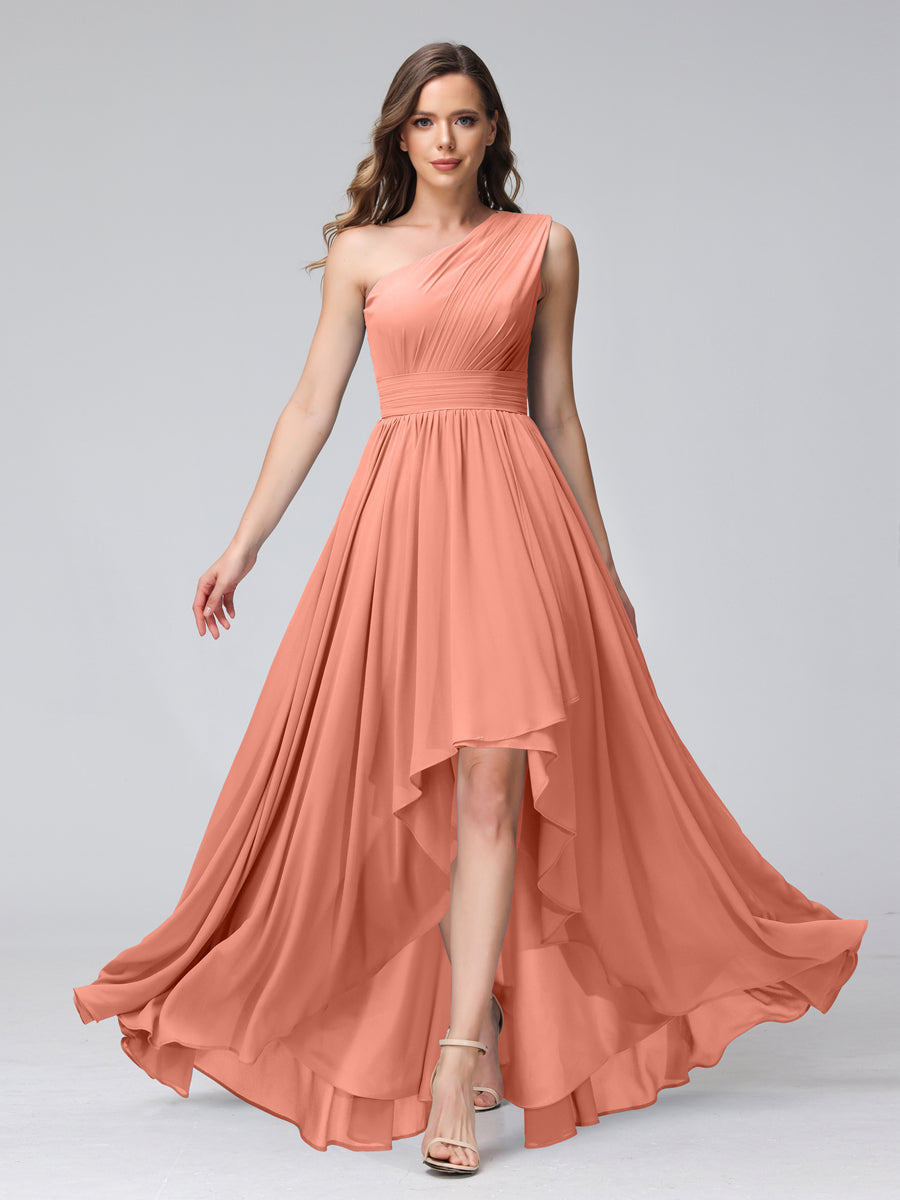 A-Line One-Shoulder Sleeveless Chiffon High Low Bridesmaid Dresses with Pockets