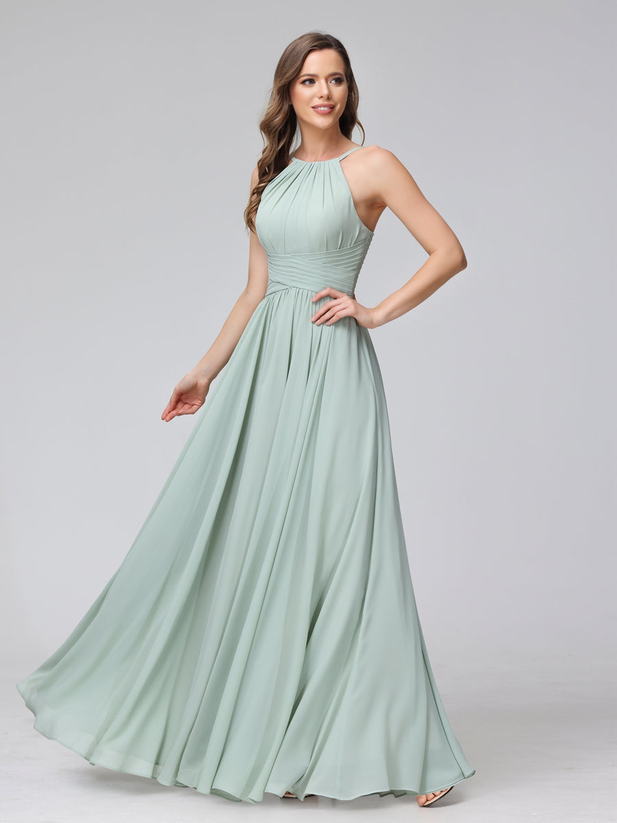 A-Line Halter Sleeveless Ruched Floor-Length Chiffon Bridesmaid Dresses